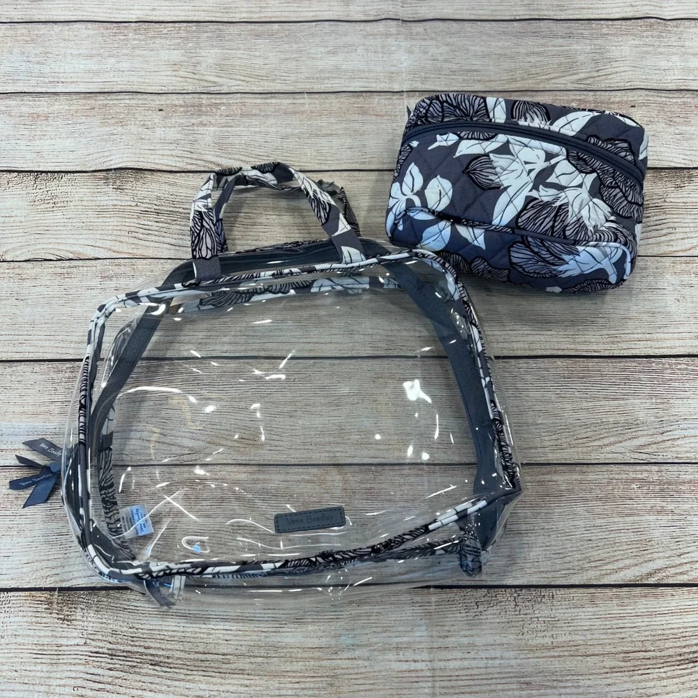 Vera Bradley Imperial Leaves Clear Travel Tote and Quilted Cosmetic Bag Set Gray
